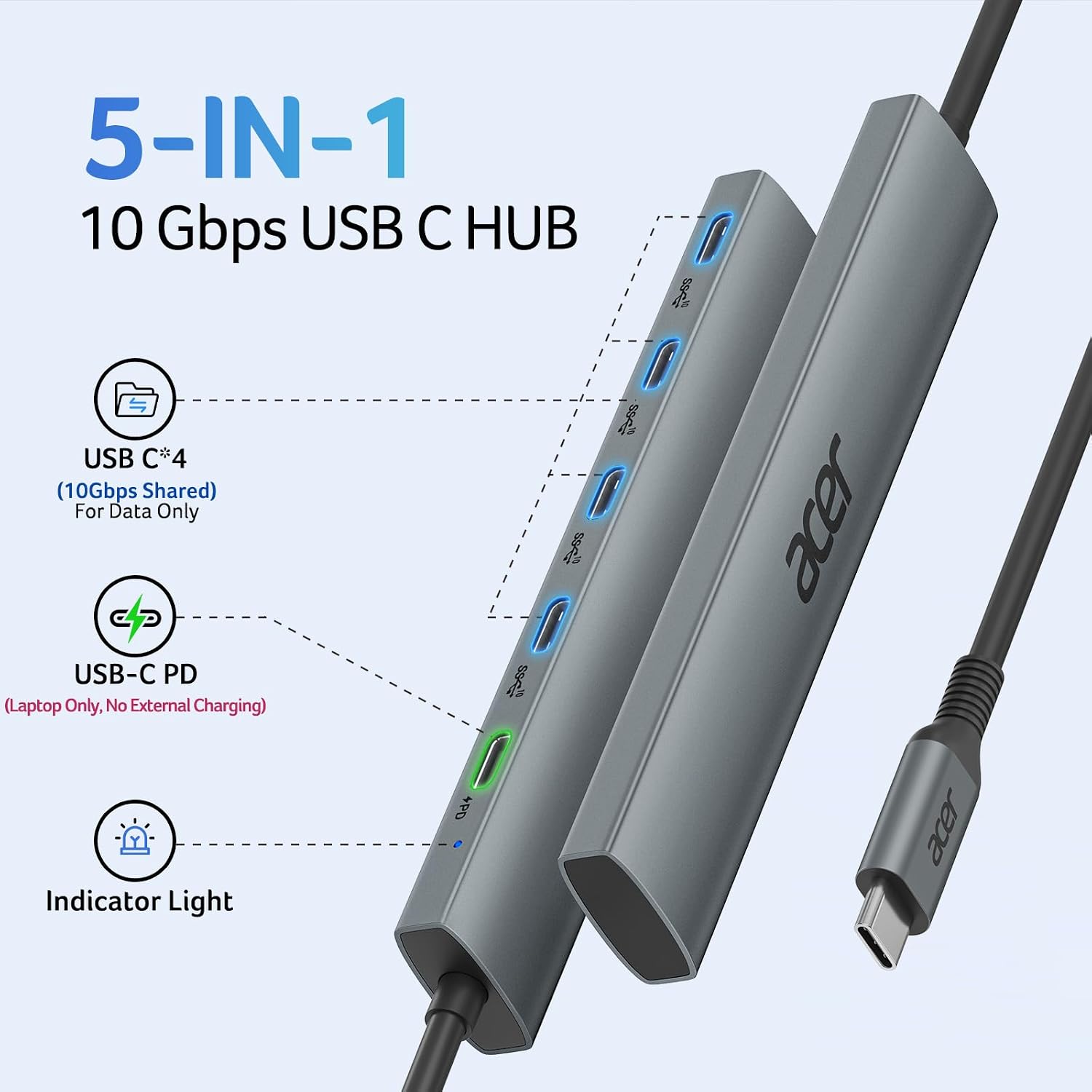 Acer 10 Gbps USB C Hub, USBC Splitter with 4*USB C 3.2 and 100W PD Port, Fast Transfer Type-C Multiport