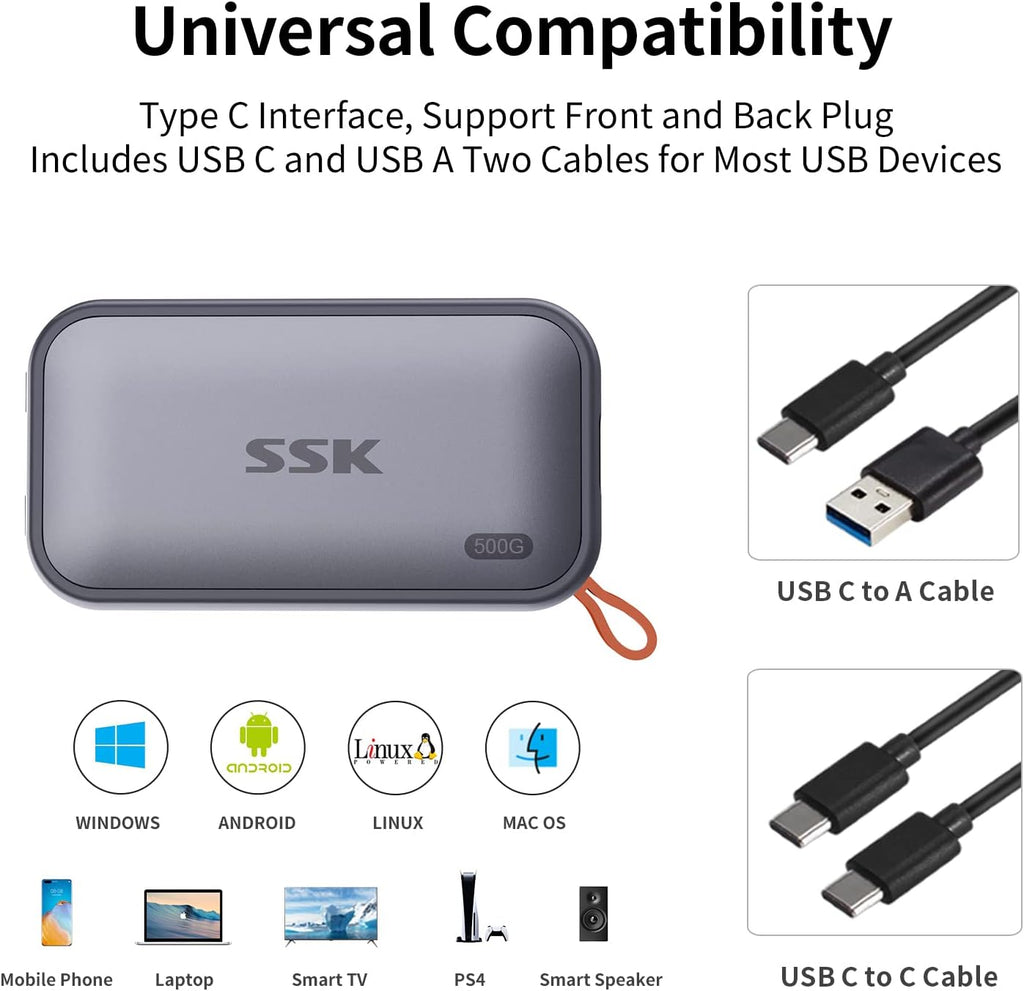 SSK Portable SSD 500GB External Solid State Drives, up to 1050MB/s USB C SSD External Hard Drive USB 3.2 Gen2