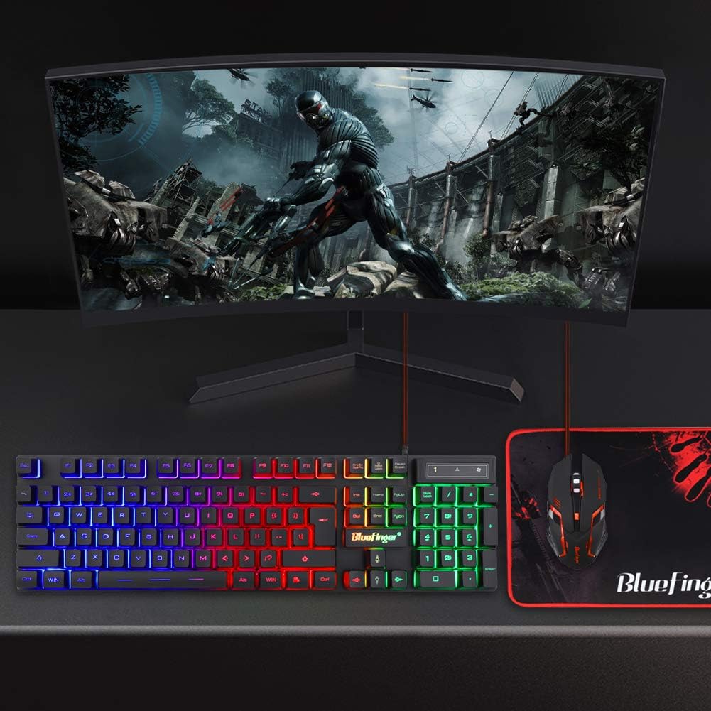 BlueFinger RGB Gaming Keyboard and Backlit Mouse Combo, USB Wired, LED Gaming Set for Laptop PC Computer Game