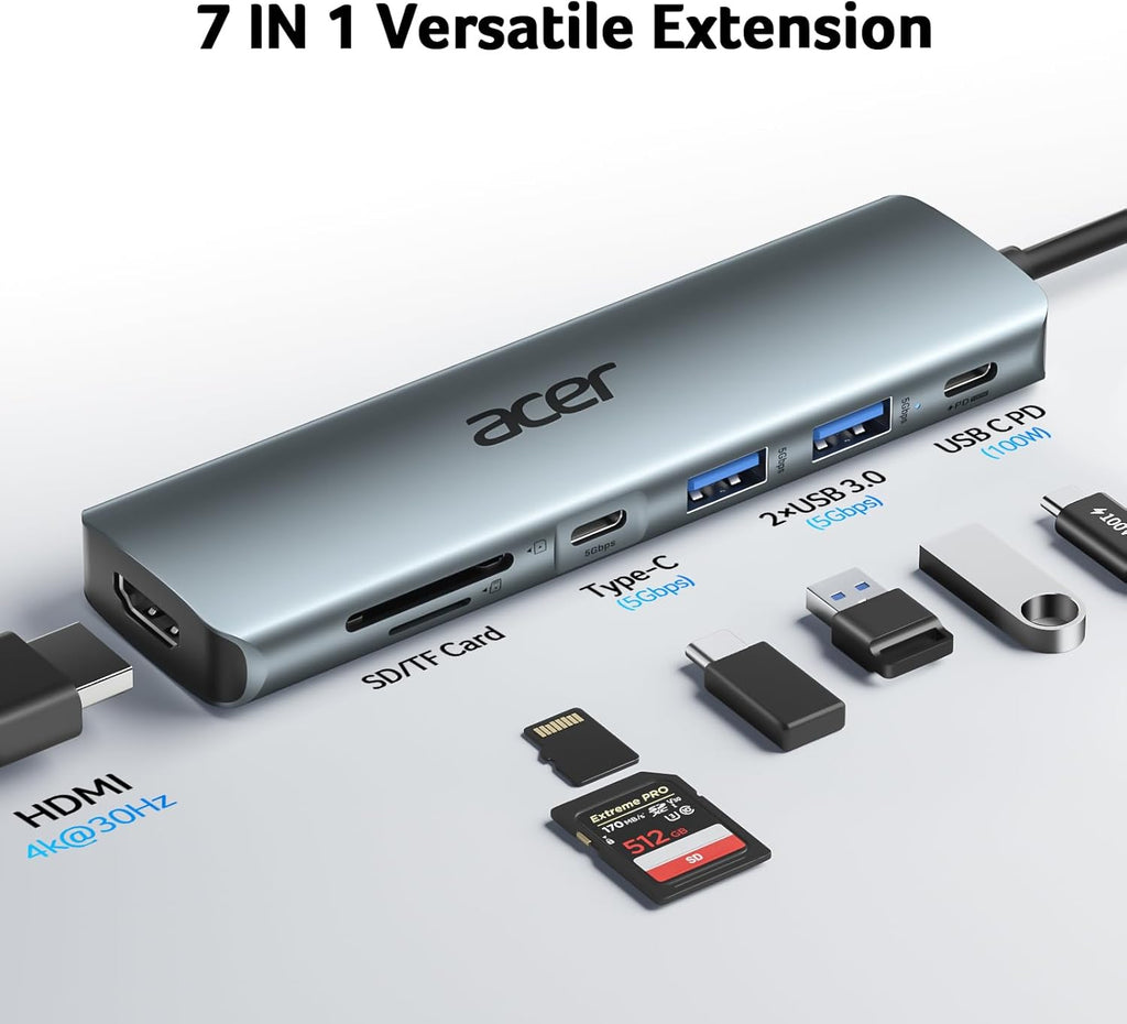 Acer USB C Hub, 7 in 1 Multi-Port Adapter for Laptop/Mac Type C Devices | 4K USB C to HDMI Splitter Hub, 100W