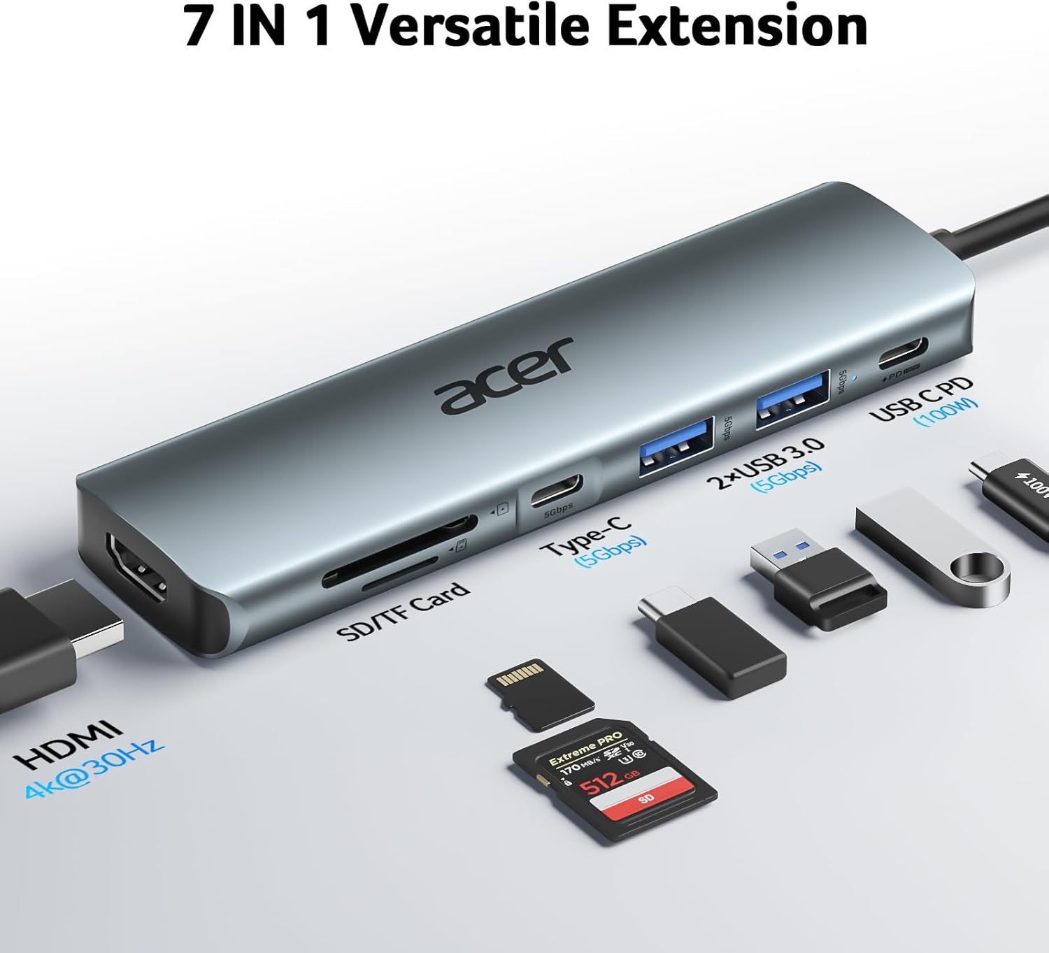 Acer USB C Hub, 7 in 1 Multi-Port Adapter for Laptop/Mac Type C Devices | 4K USB C to HDMI Splitter Hub, 100W