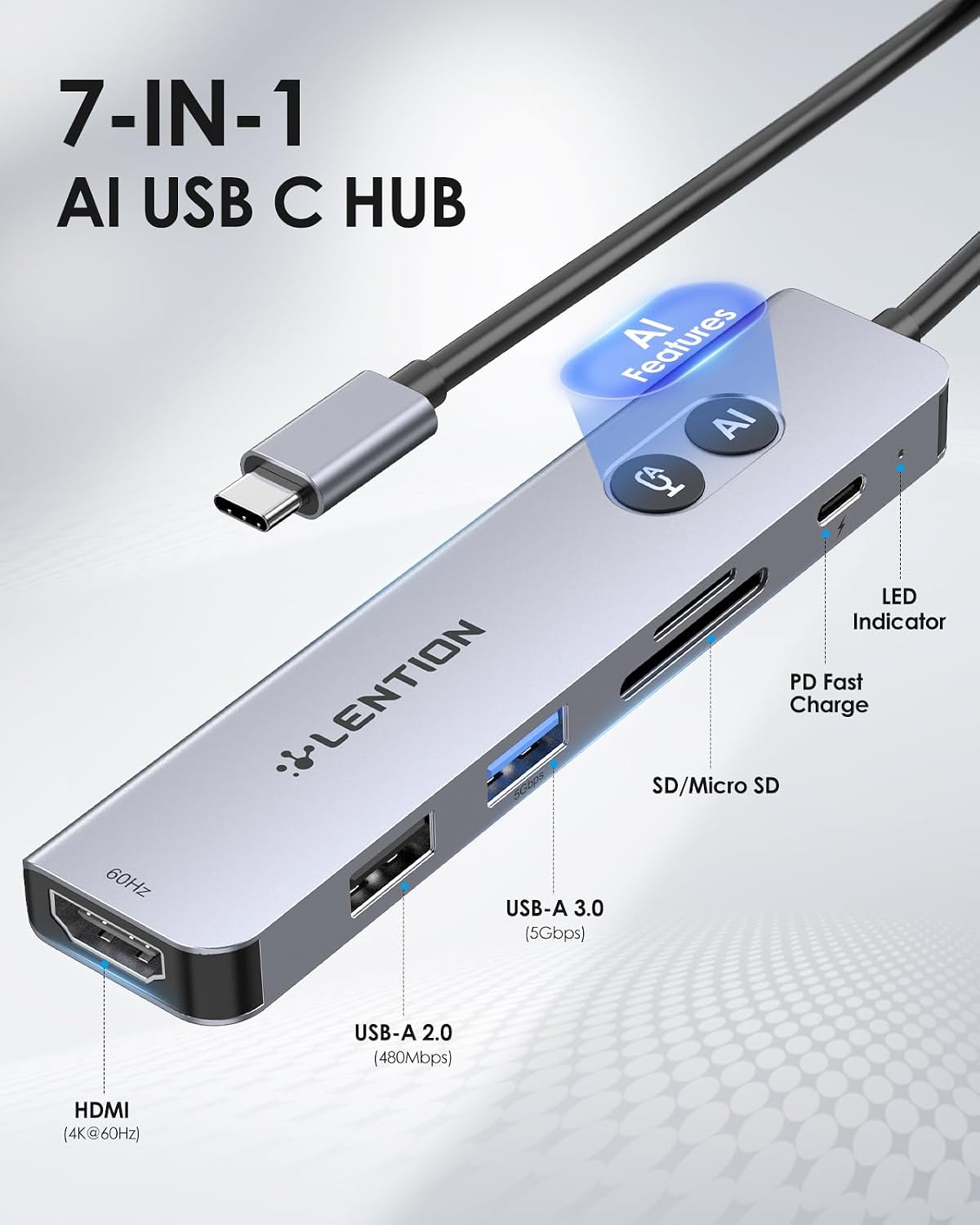 LENTION CA18 Smart Multi-AI USB C Hub, Voice Type, NFC Sticker, 2ft Cable | All-in-one GoStar AI System,