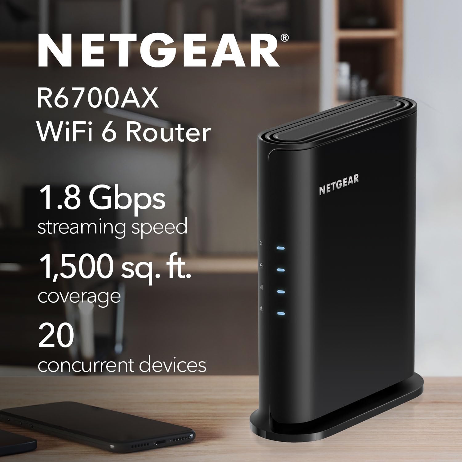 NETGEAR WiFi 6 Router 4-Stream (R6700AX) – Router Only, AX1800 Wireless Speed (Up to 1.8 Gbps), Covers up to