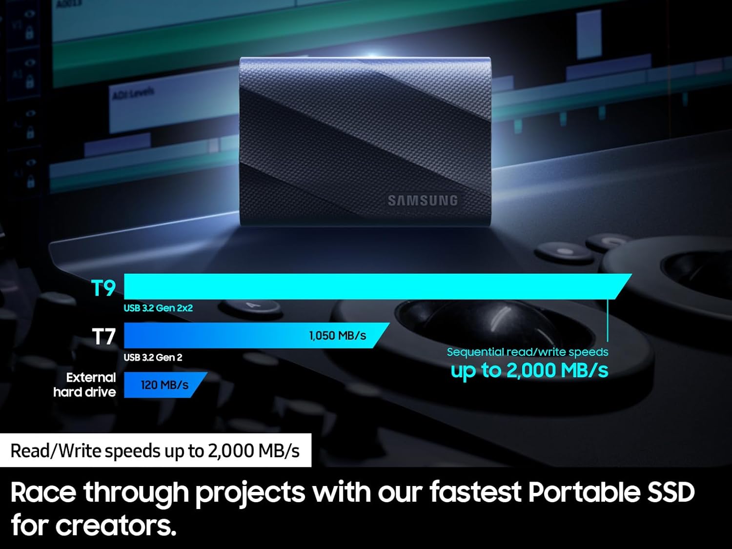 Samsung T9 Portable SSD 2TB, USB 3.2 Gen 2x2 External Solid State Drive, Seq. Read Speeds Up to 2,000MB/s for