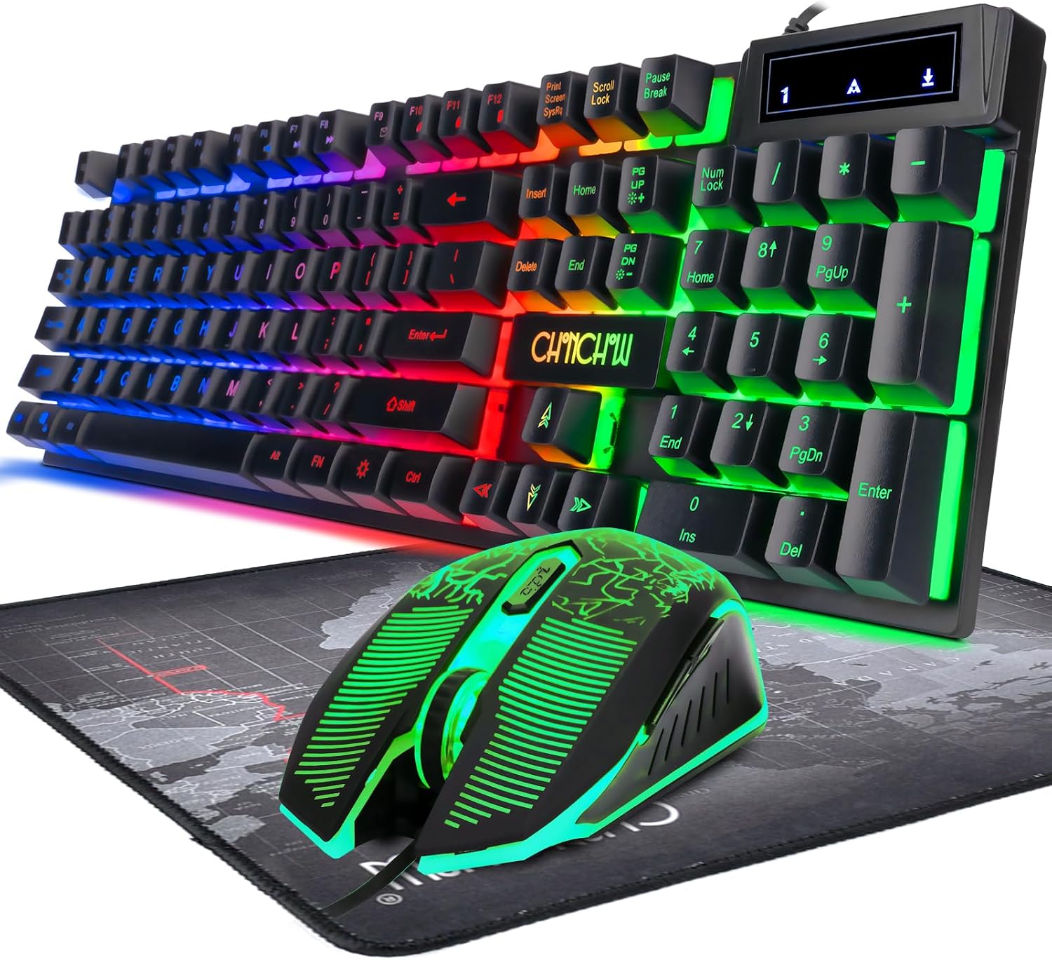 Keyboard and Mouse Gaming LED Wired Combo with Emitting Character Keyboard 4800DPI 2 Side Button USB Mouse