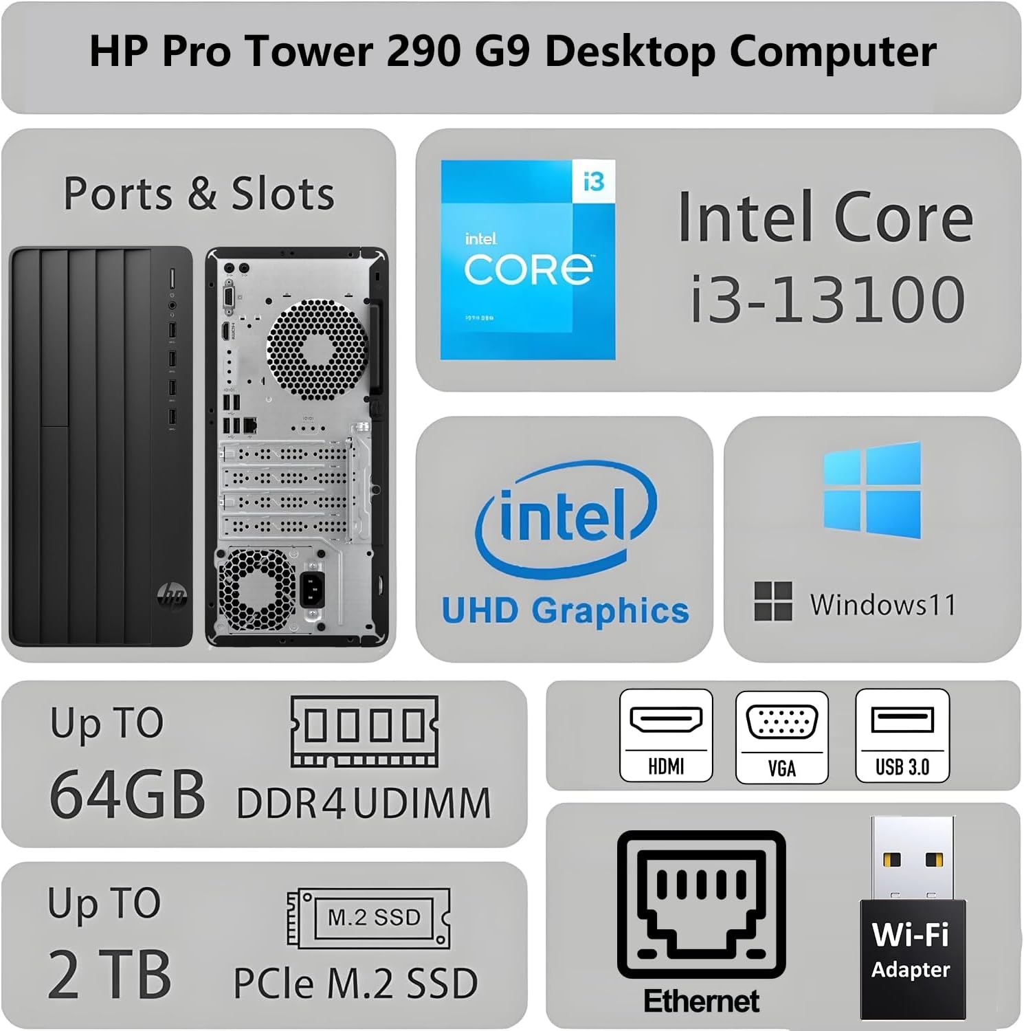 HP Desktop Computer Tower, 13th Gen Intel Quad-Core Processor, 8GB DDR4 RAM, 256GB SSD, Keyboard and Mouse,