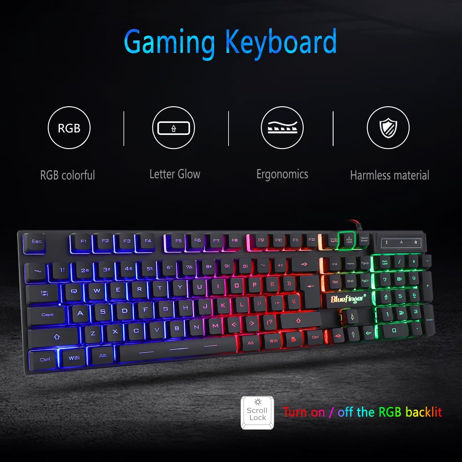 BlueFinger RGB Gaming Keyboard and Backlit Mouse Combo, USB Wired, LED Gaming Set for Laptop PC Computer Game