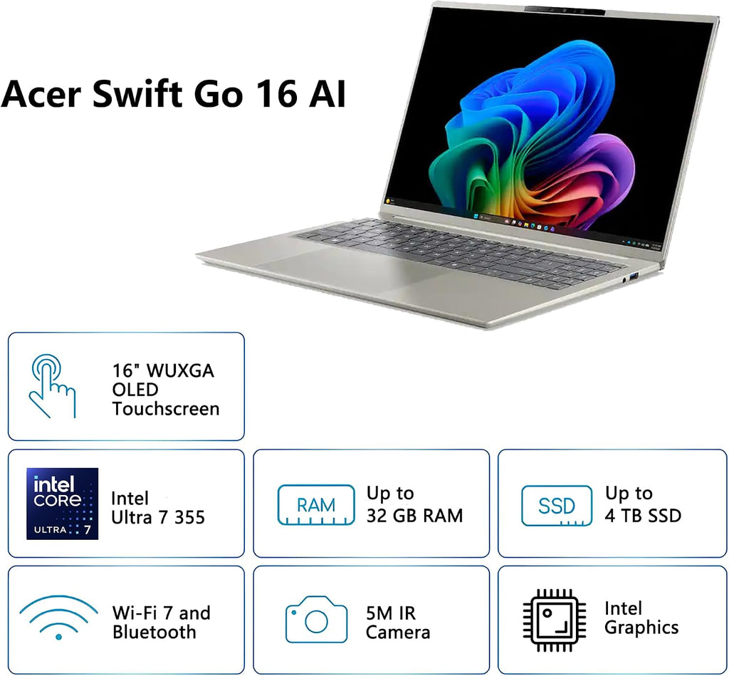 Acer Swift 16 AI Laptop | 16" 2k WUXGA OLED Touchscreen | Intel 8-core Ultra 7 355 Up to 49 Tops (Beats Ultra