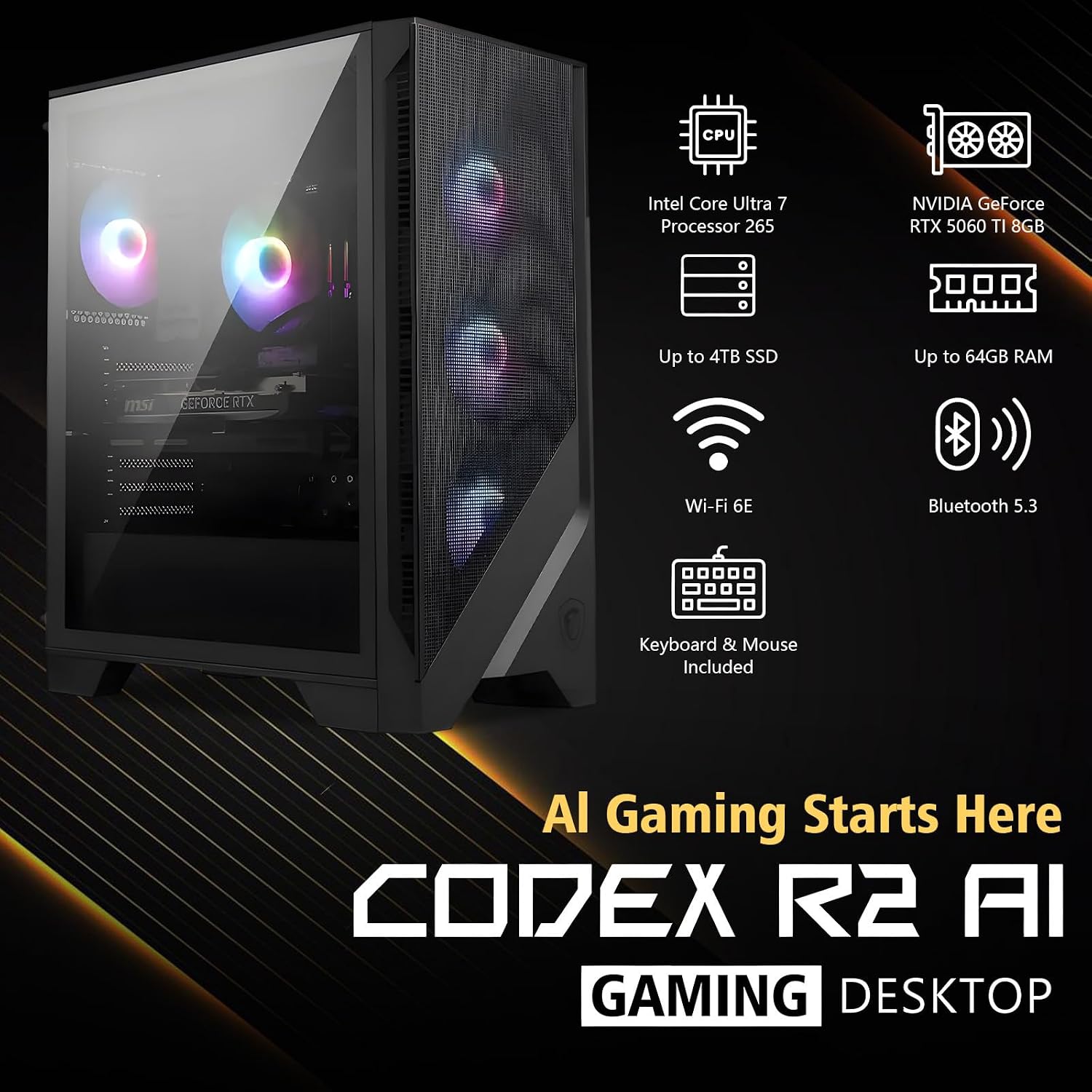 MSI Codex R2 Gaming Desktop, Intel Core Ultra 7 265, NVIDIA RTX 5060 Ti, 64GB DDR5 RAM | 2TB PCIe SSD | WiFi