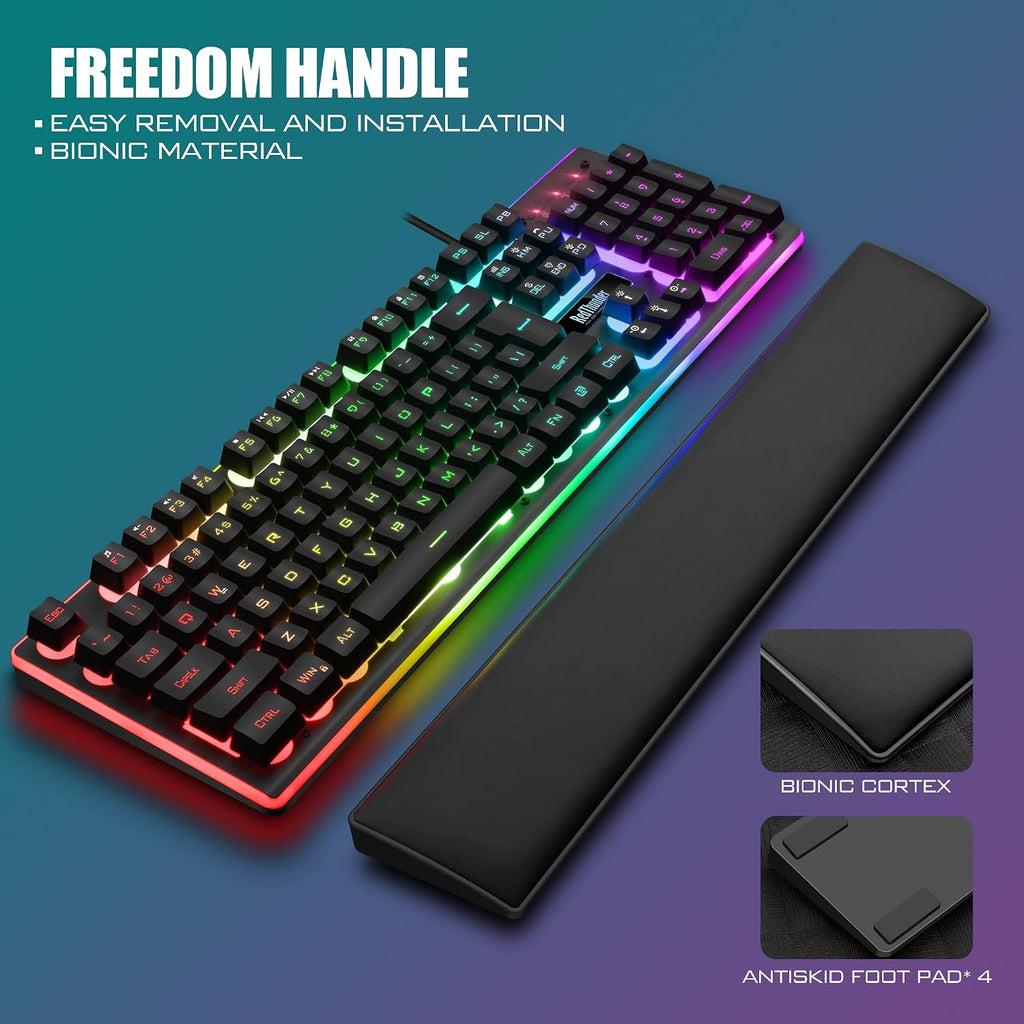 RedThunder K10 Wired Gaming Keyboard and Mouse and Wrist Rest Combo, RGB Backlit, Mechanical Feel