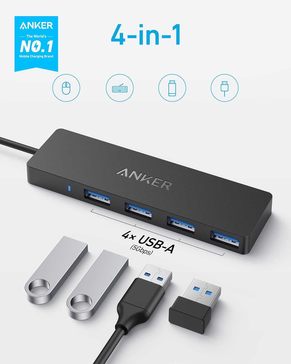 Anker USB C Hub 4 Ports, Multiple USB 3.0 Hub with 5Gbps Data Transfer, Extender for Type C Port Laptop, PC,