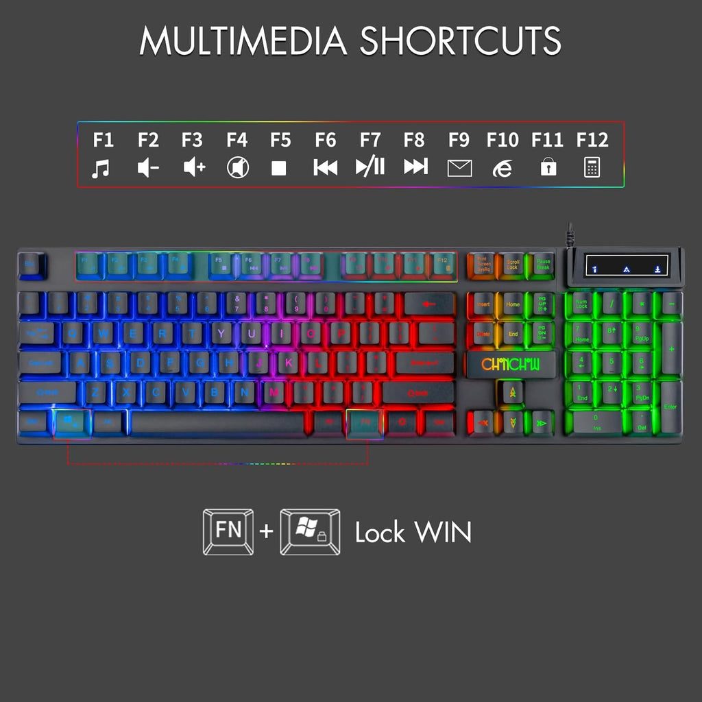 CHONCHOW Gaming Keyboard and Mouse Led Backlit USB Wired with Light Up 104Key 3600DPI 2 Side Button Mouse