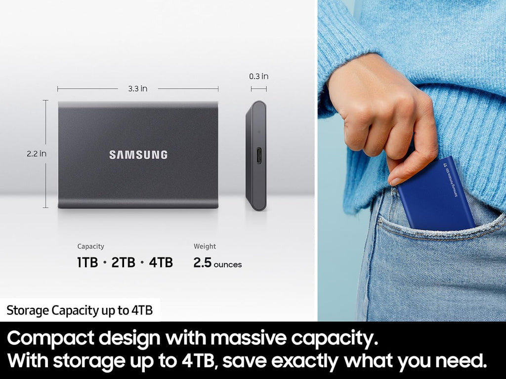 Samsung T7 Portable SSD, 2TB External Solid State Drive, Speeds Up to 1,050MB/s, USB 3.2 Gen 2, Reliable