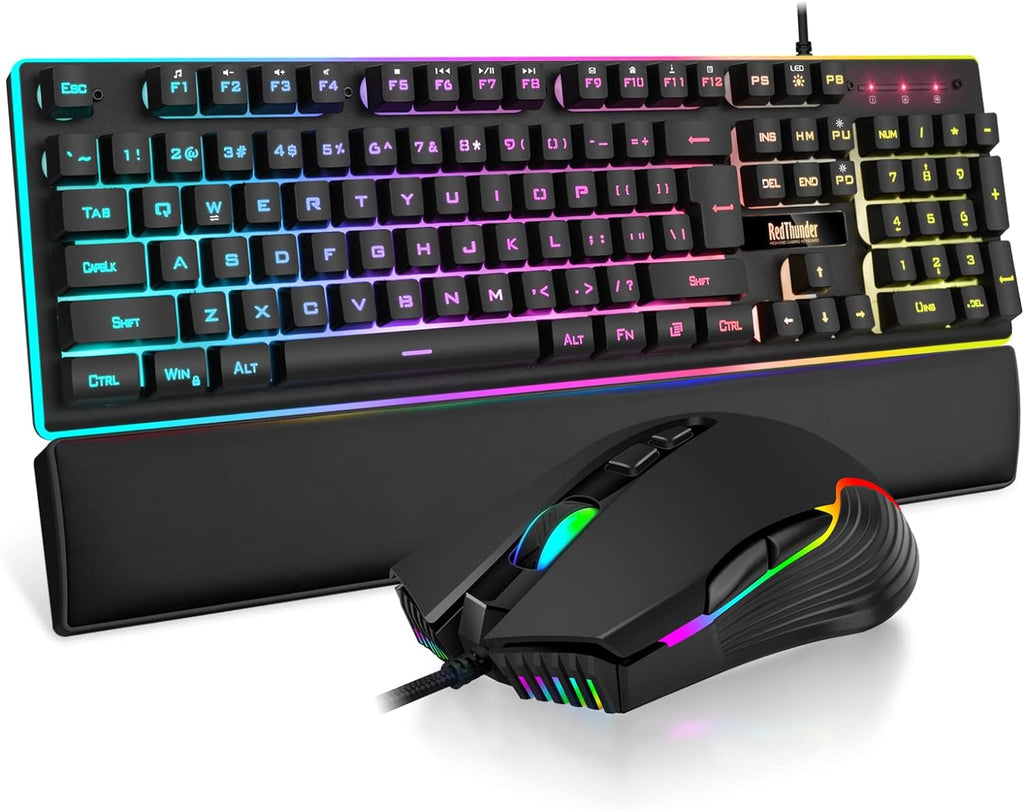RedThunder K10 Wired Gaming Keyboard and Mouse and Wrist Rest Combo, RGB Backlit, Mechanical Feel