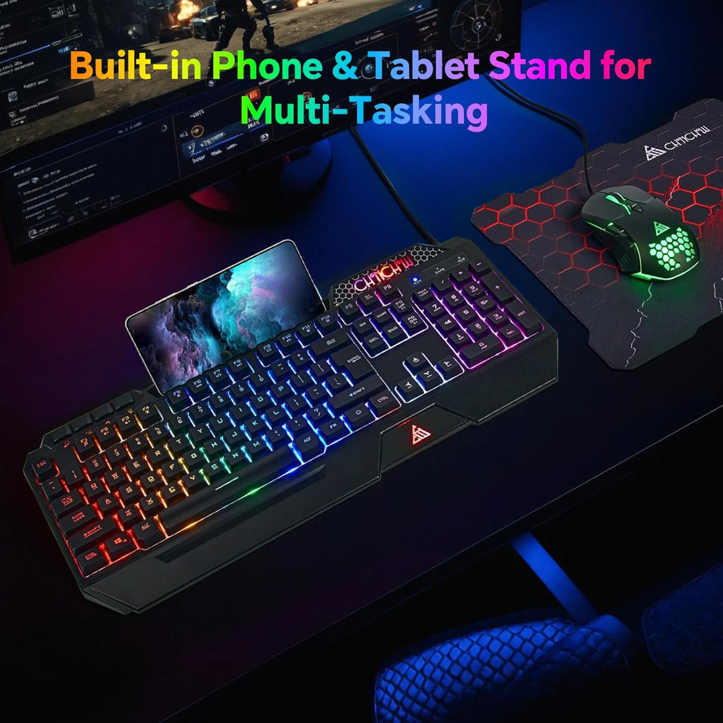 CHONCHOW Gaming Keyboard and Mouse Combo, USB Wired RGB Backlit Anti-Ghosting Silent Keyboard with Ergonomic