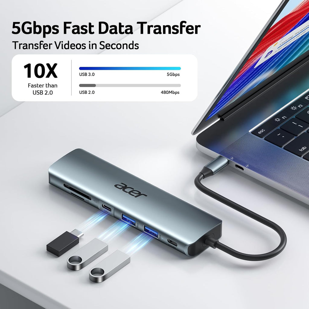 Acer USB C Hub, 7 in 1 Multi-Port Adapter for Laptop/Mac Type C Devices | 4K USB C to HDMI Splitter Hub, 100W