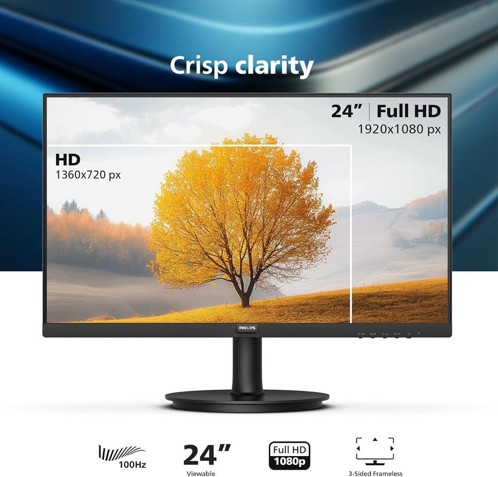Philips 24 inch 100Hz Computer Monitor, Frameless Full HD (1920 x 1080), VESA, HDMI x1, VGA Port x1, Eye