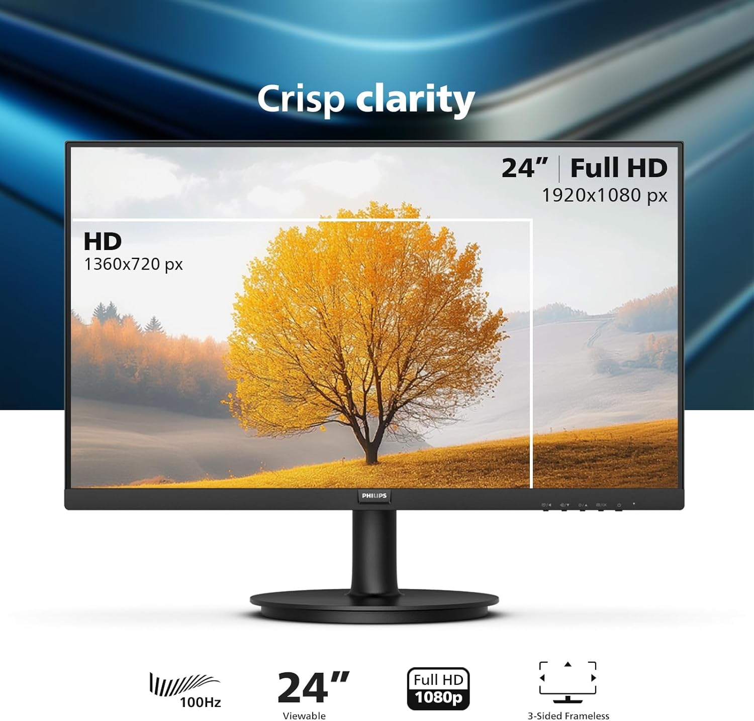 Philips 24 inch 100Hz Computer Monitor, Frameless Full HD (1920 x 1080), VESA, HDMI x1, VGA Port x1, Eye