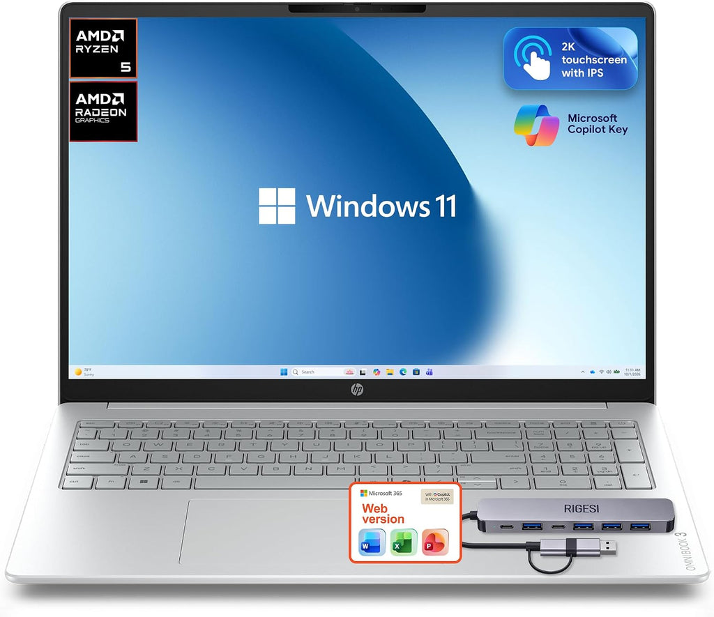 HP OmniBook 3 Flagship 16" 2K Touchscreen Laptop Bundle with Docking Station, AMD Ryzen 5 Processor, 16GB