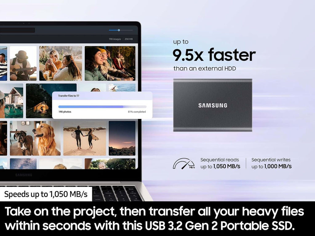 Samsung T7 Portable SSD, 2TB External Solid State Drive, Speeds Up to 1,050MB/s, USB 3.2 Gen 2, Reliable