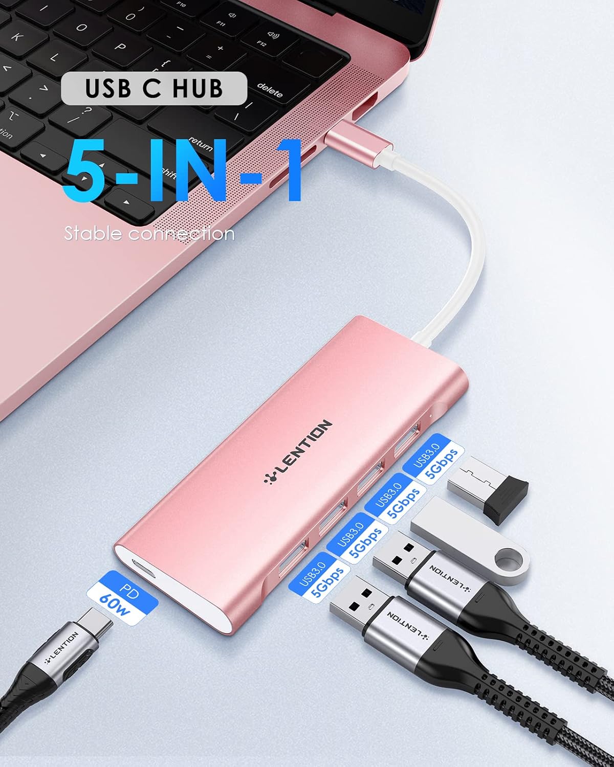 LENTION 5-in-1 USB-C Hub, 4 USB3.0, 60W Charging, Multiport Adapter | Ideal for Work & Study, Stable Driver