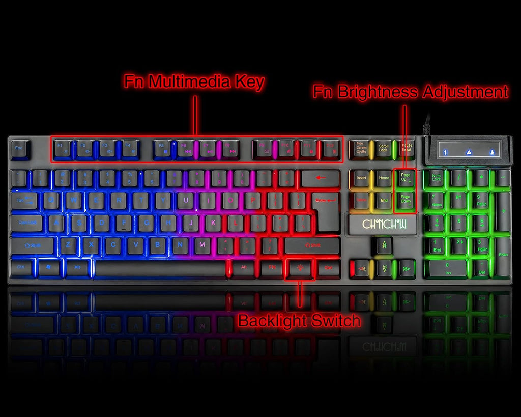 Keyboard and Mouse Gaming LED Wired Combo with Emitting Character Keyboard 4800DPI 2 Side Button USB Mouse