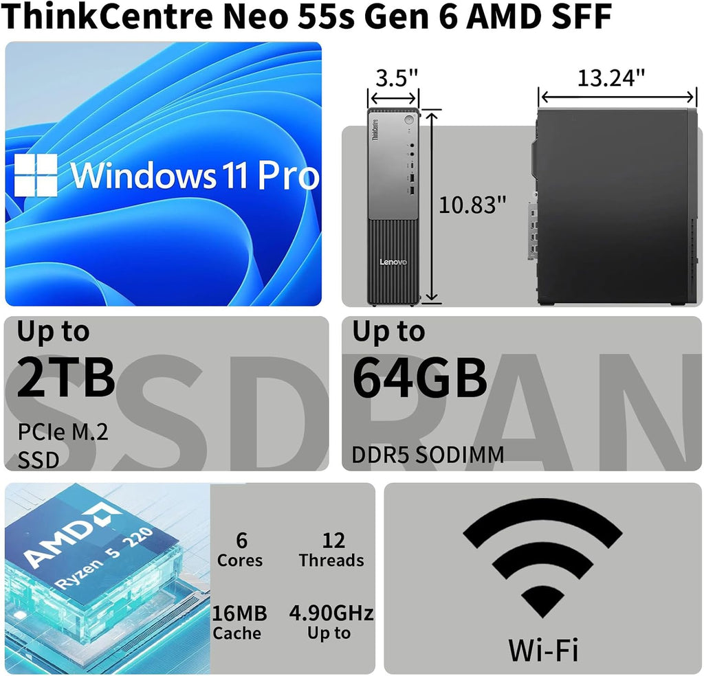 Lenovo ThinkCentre Neo 55s Business SFF Desktop, AMD Ryzen 5 220 up to 4.9 GHz, 16GB DDR5, 512GB SSD, Support