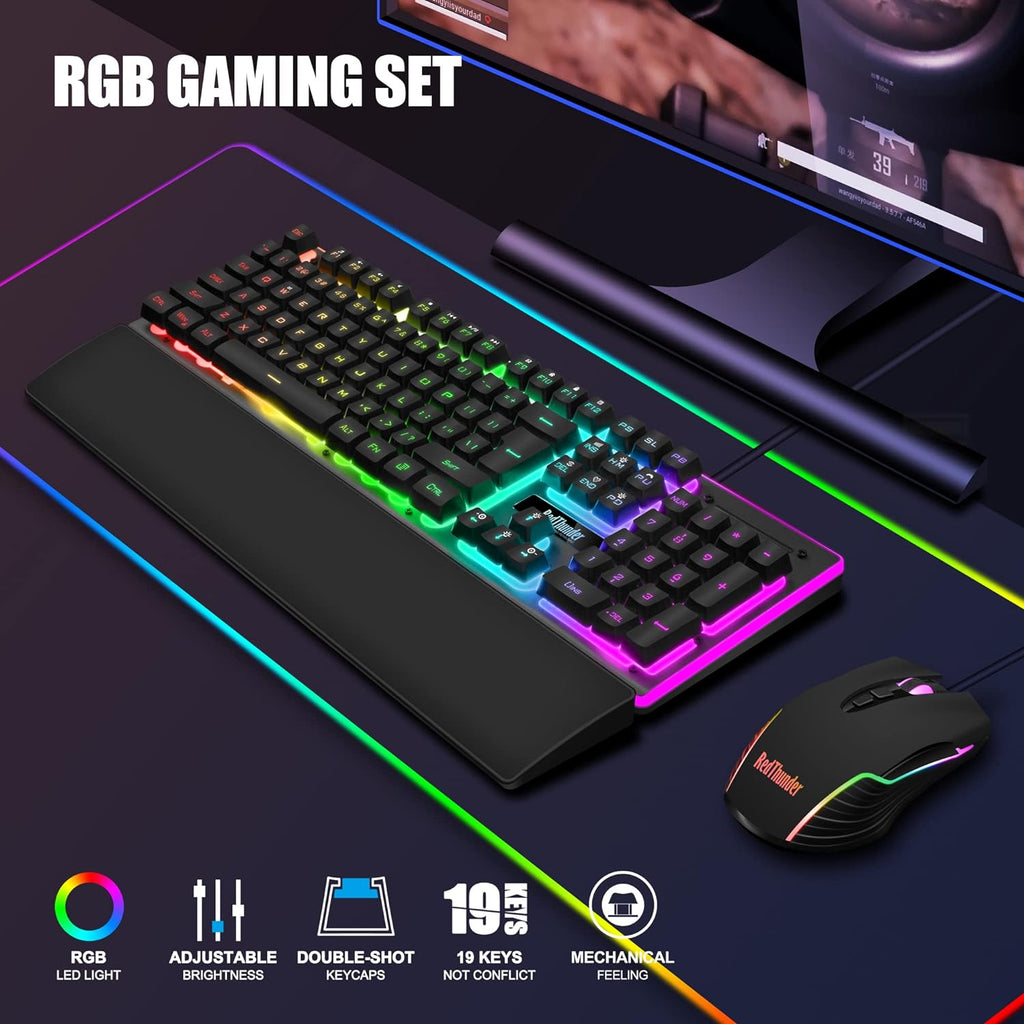 RedThunder K10 Wired Gaming Keyboard and Mouse and Wrist Rest Combo, RGB Backlit, Mechanical Feel