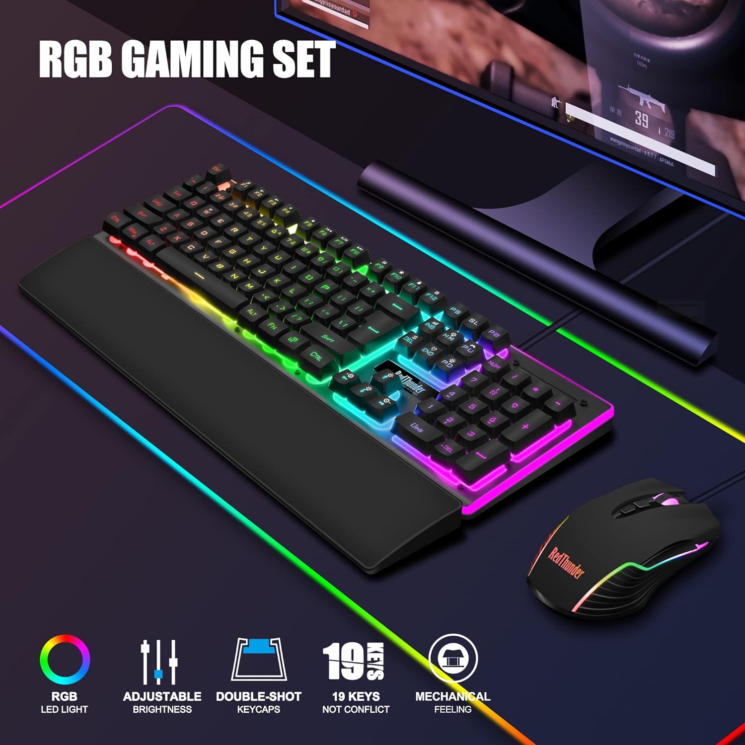 RedThunder K10 Wired Gaming Keyboard and Mouse and Wrist Rest Combo, RGB Backlit, Mechanical Feel