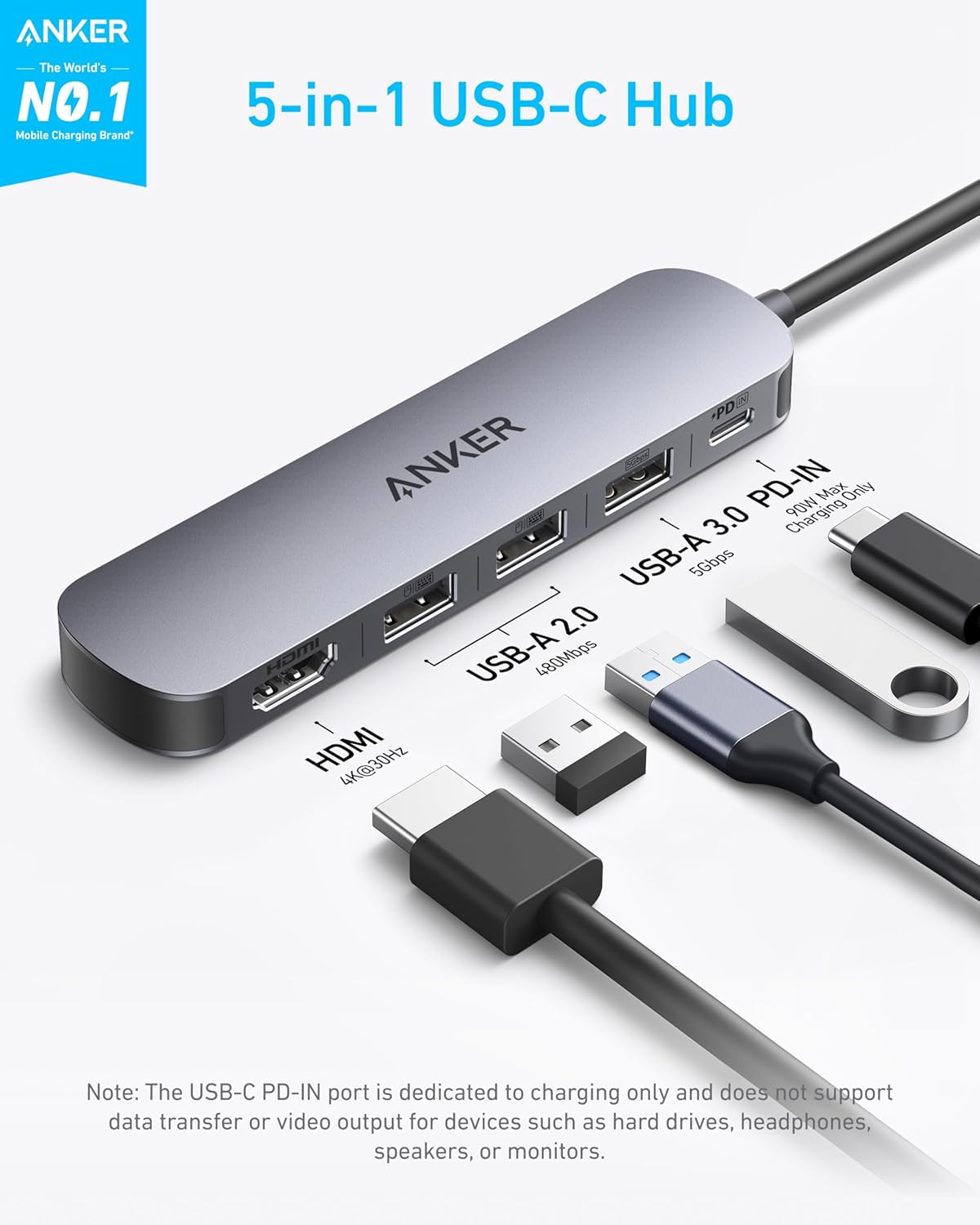 Anker USB C Hub 5-in-1 USB Hub for Laptops, 4K HDMI USB-C Multiport Adapter | 90W Max Power Delivery, 3 USB A