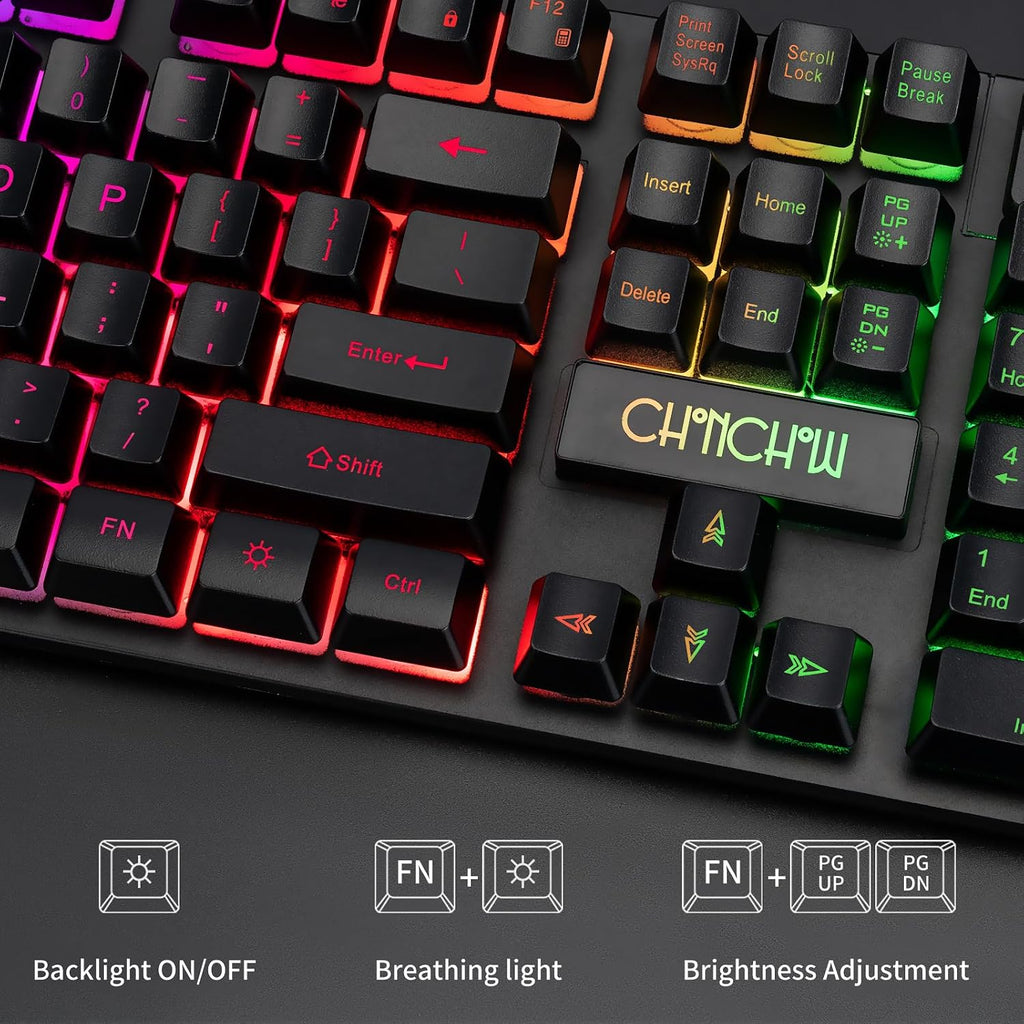 CHONCHOW Gaming Keyboard and Mouse Led Backlit USB Wired with Light Up 104Key 3600DPI 2 Side Button Mouse