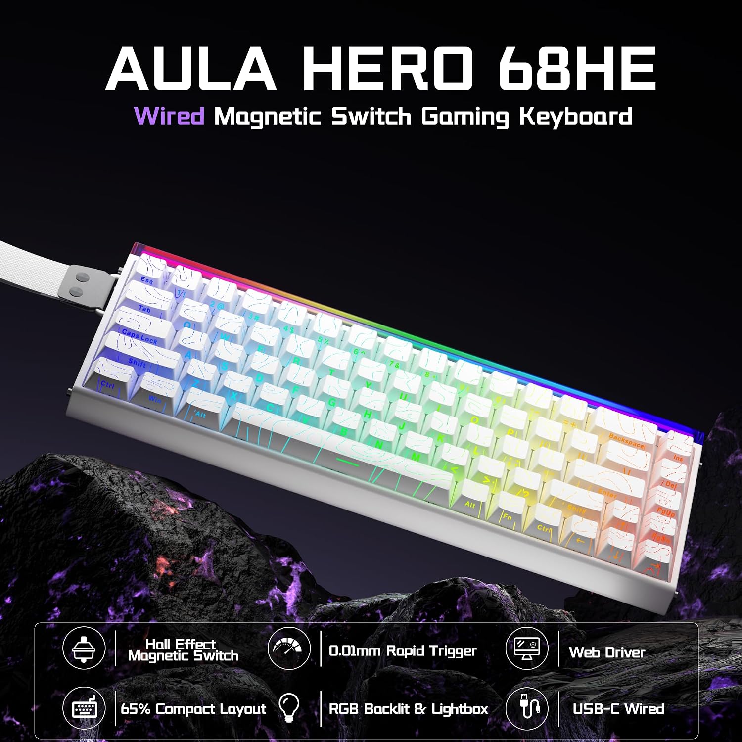 Aula Hero 68 HE Wired Gaming Keyboard, Hall Effect Keyboard with Magnetic Switch, Rapid Trigger Mode, 8KHz