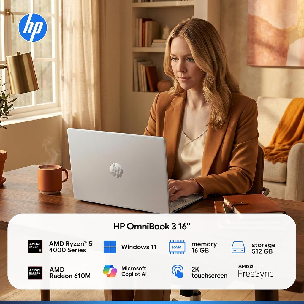 HP OmniBook 3 Flagship 16" 2K Touchscreen Laptop Bundle with Docking Station, AMD Ryzen 5 Processor, 16GB