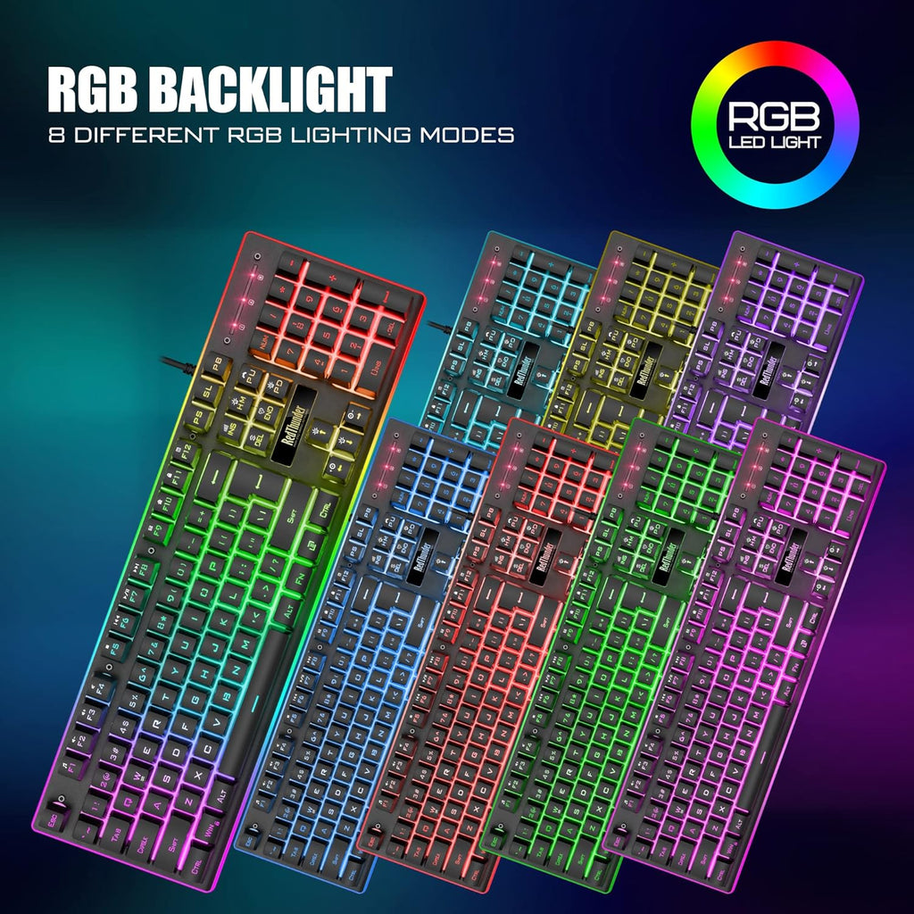 RedThunder K10 Wired Gaming Keyboard and Mouse and Wrist Rest Combo, RGB Backlit, Mechanical Feel