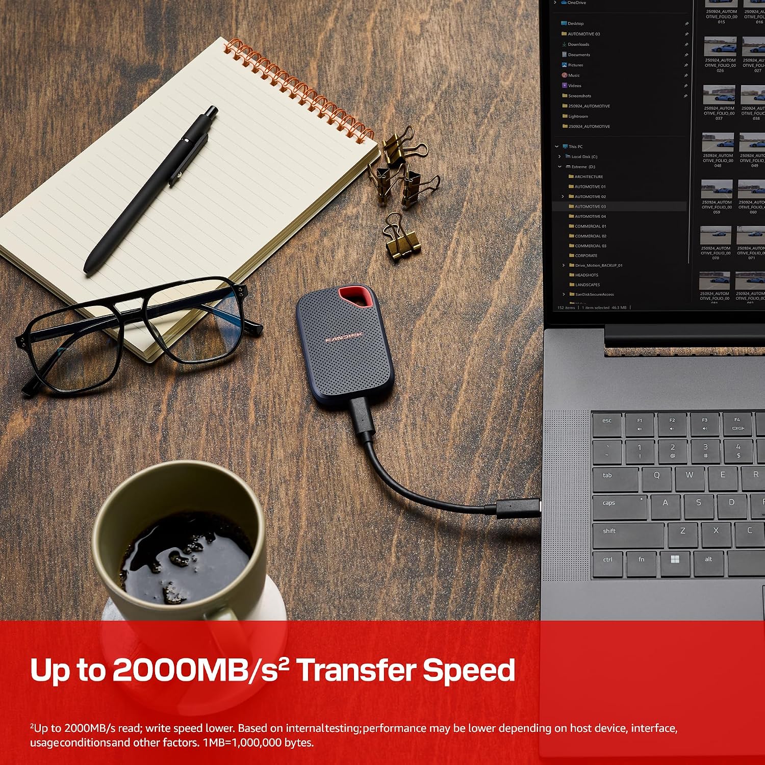 SANDISK 1TB Extreme Portable SSD (New Model) - up to 2000MB/s Transfer speeds, USB Type-C connectivity,